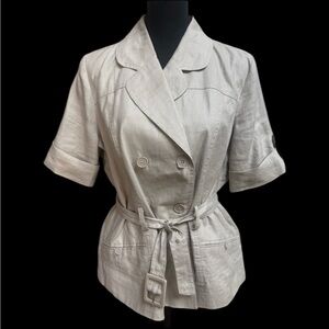 DAVID BROOKS LINEN TAN JACKET DOUBLE BREASTED SAFARI STYLE SHORT SLEEVE SIZE XL